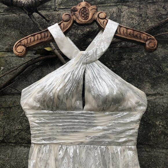 Aidan Mattox White Silver Metallic Halter Cross Back Maxi Gown Dress - Picture 4 of 11